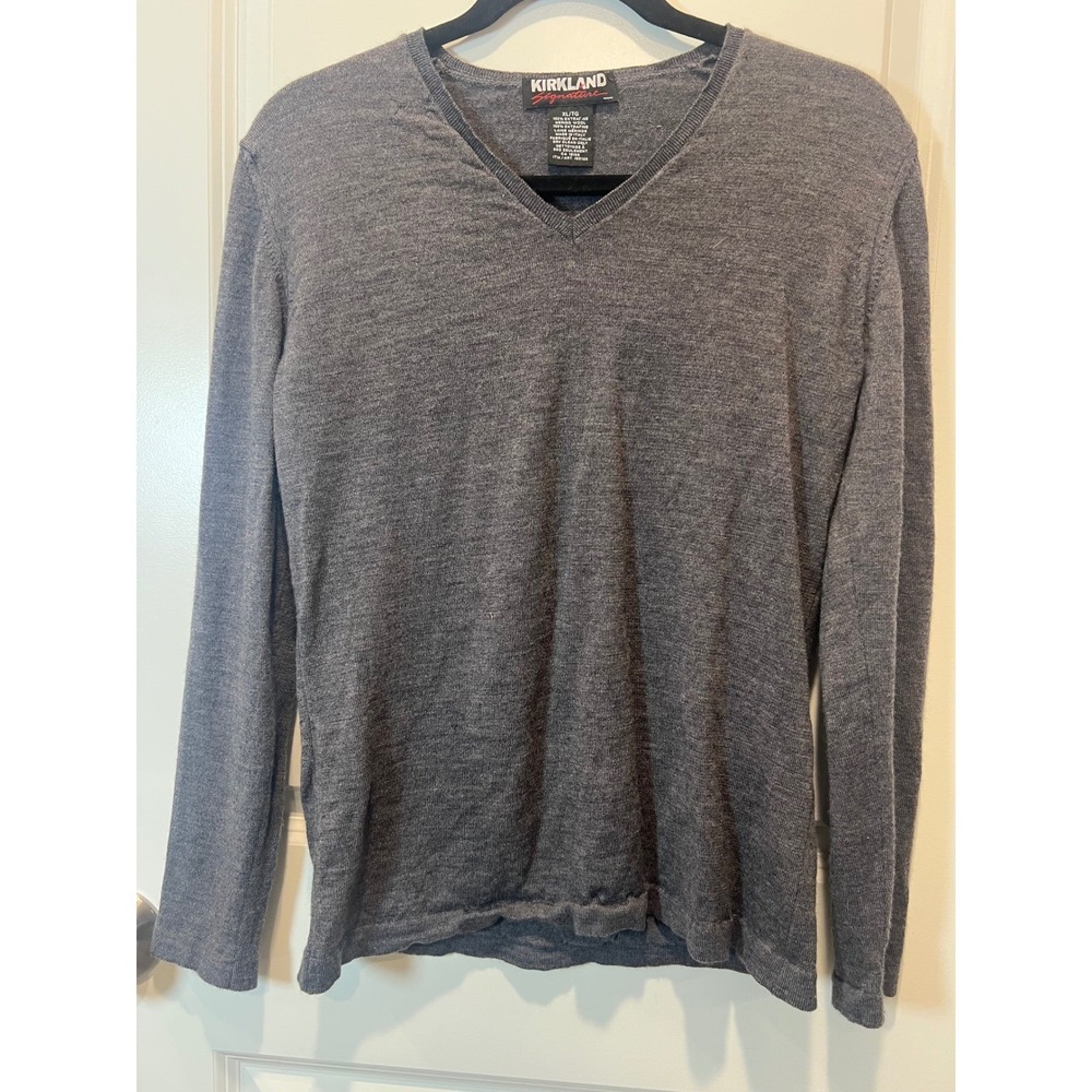 Kirkland Signature Mens Merino‎ Wool V Neck Long Sleeve Sweater XL TG Gray